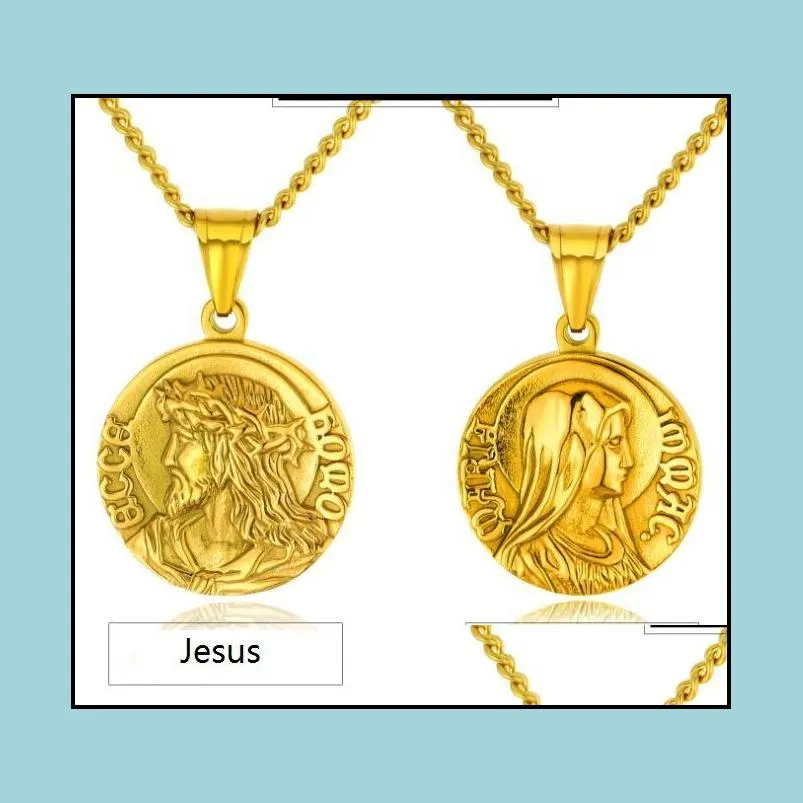 stainless steel virgin mary pendants necklace with gold silver chain for men round coin jesus christ jewelry wholesale