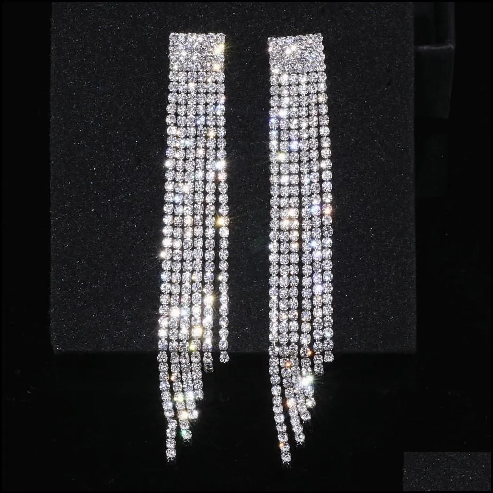 charm silver color rhinestone crystal long tassel earrings for women bridal drop dangling earrings brincos wedding jewelry