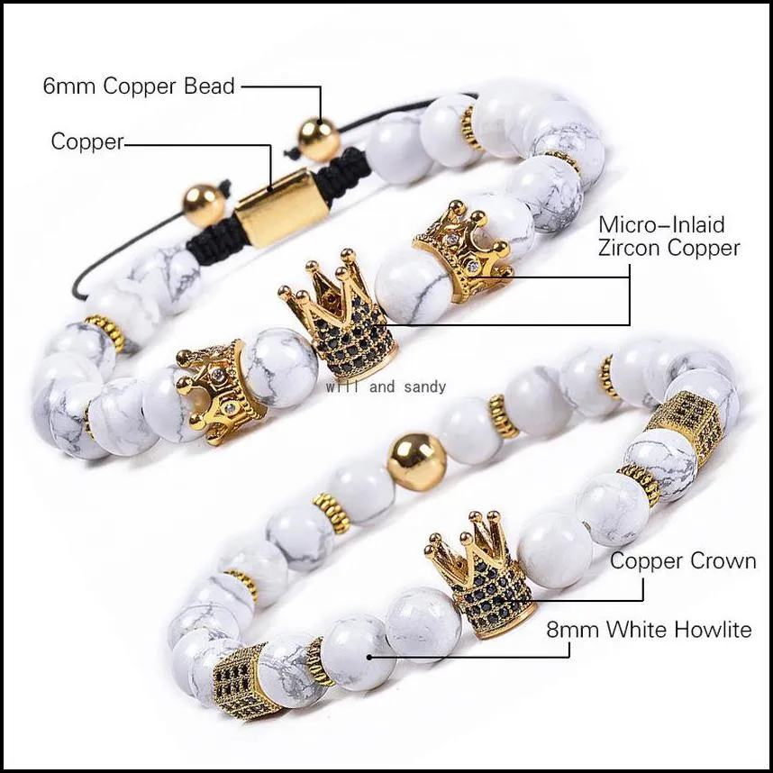 braided copper zircon diamond crown bracelets natural stone howlite beads strand bracelet wristband for women men fashion jewelry will and