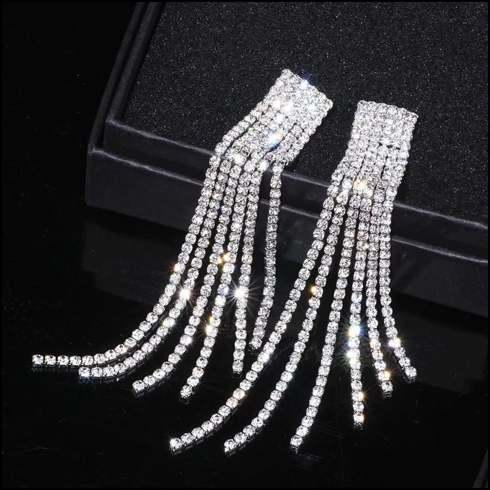 charm silver color rhinestone crystal long tassel earrings for women bridal drop dangling earrings brincos wedding jewelry