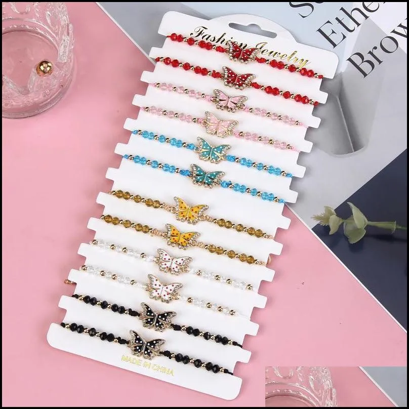 charm bracelets boho 12pcs/lot crystal beaded rope colorful butterfly pendant bangle bracelet for women girl handmade weave jewelry