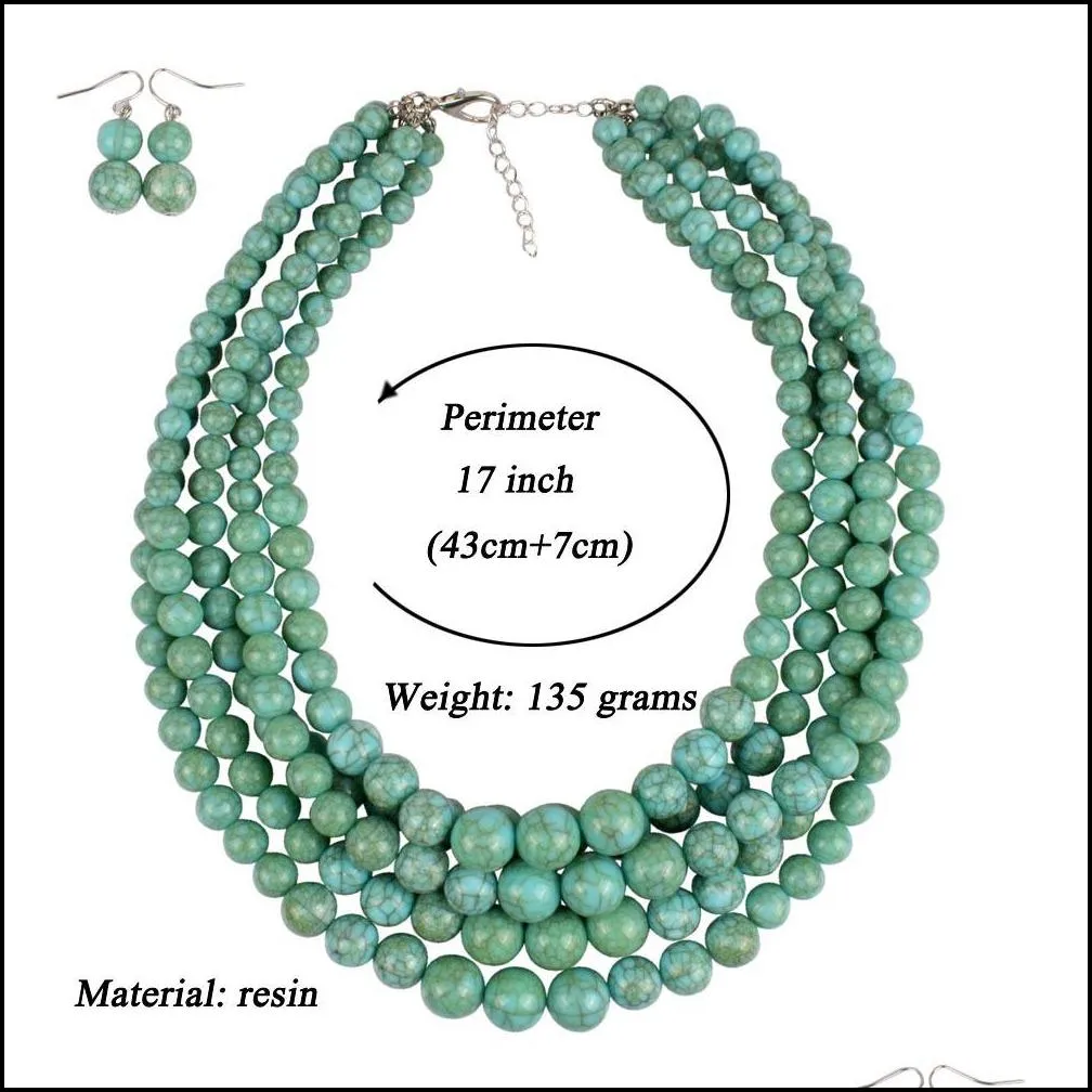 green beaded choker necklace and drop earrings multilayer imitation pearl crack beads bib necklaces jewelry sets for women wedding