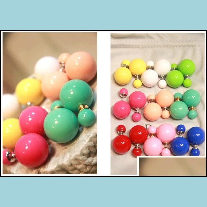 hot two sided earrings double pearl front back ear stud earrings fashion jewelry wholesale round shaped studs 18 mix colors mixed oder