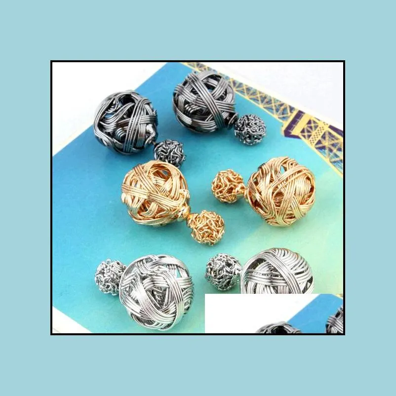 fashion trendy double sides ball earrings hollow out wire drawing knitting wool shaped double balls stud earrings jewelry wholesale