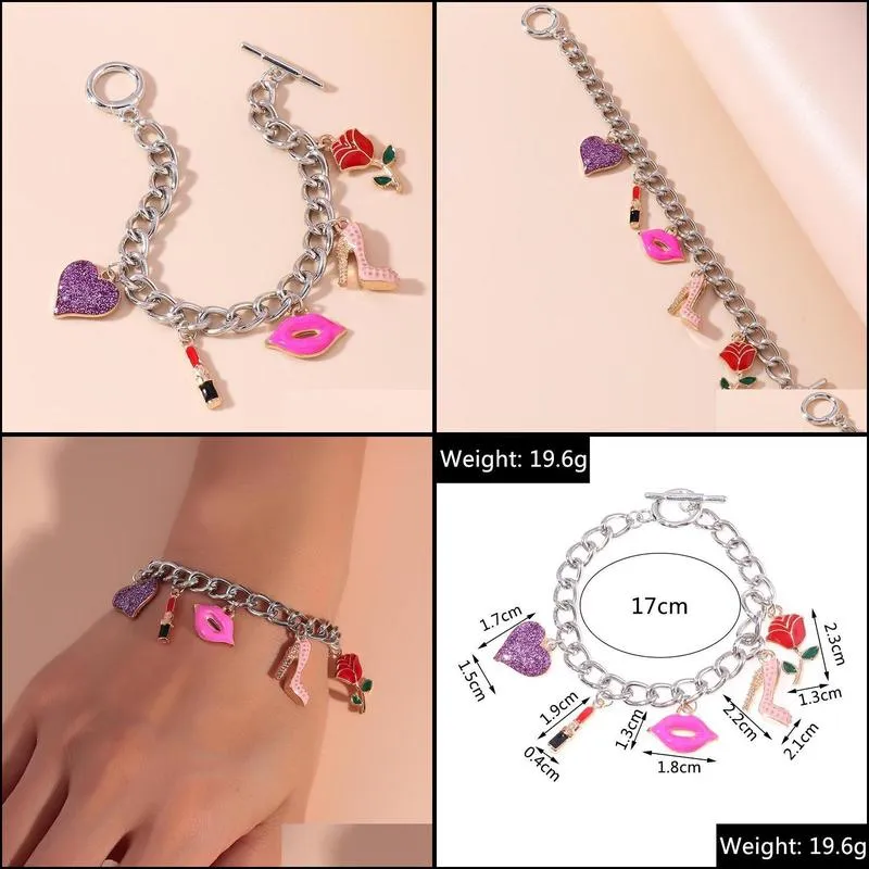 charm bracelets punk thick chain exquisite bangle for women high heels lipstick red lip glitter love flower bracelet fashion jewelry