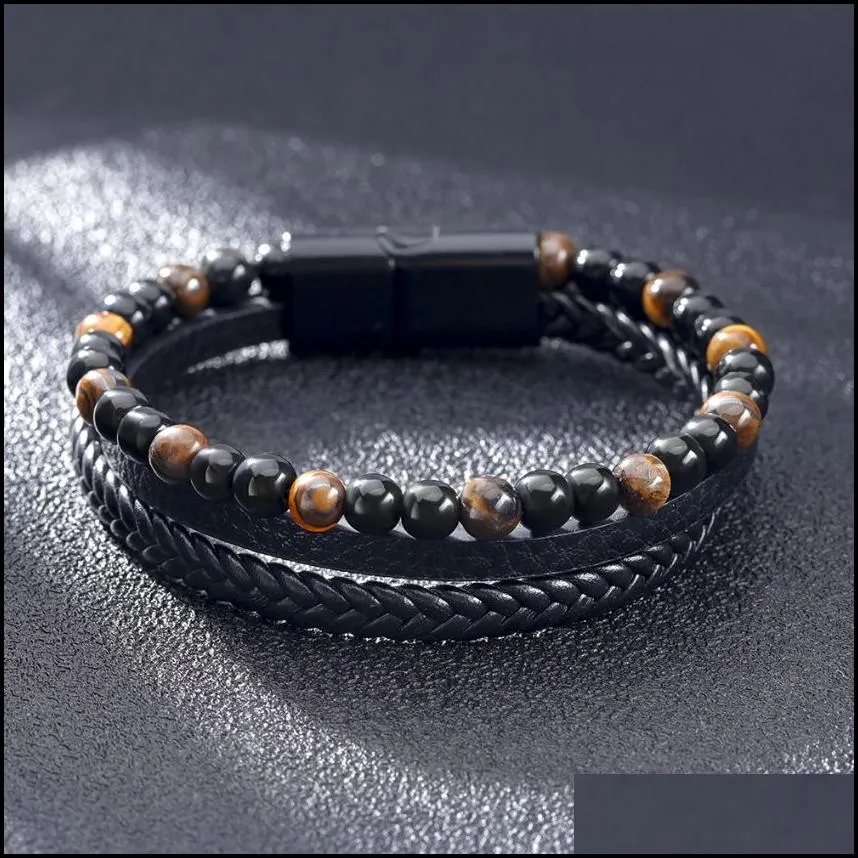 simple leather stone tiger eye beaded strand bracelet bangle cuff wristband braided multilayer wrap bracelets hip hop fashion jewelry