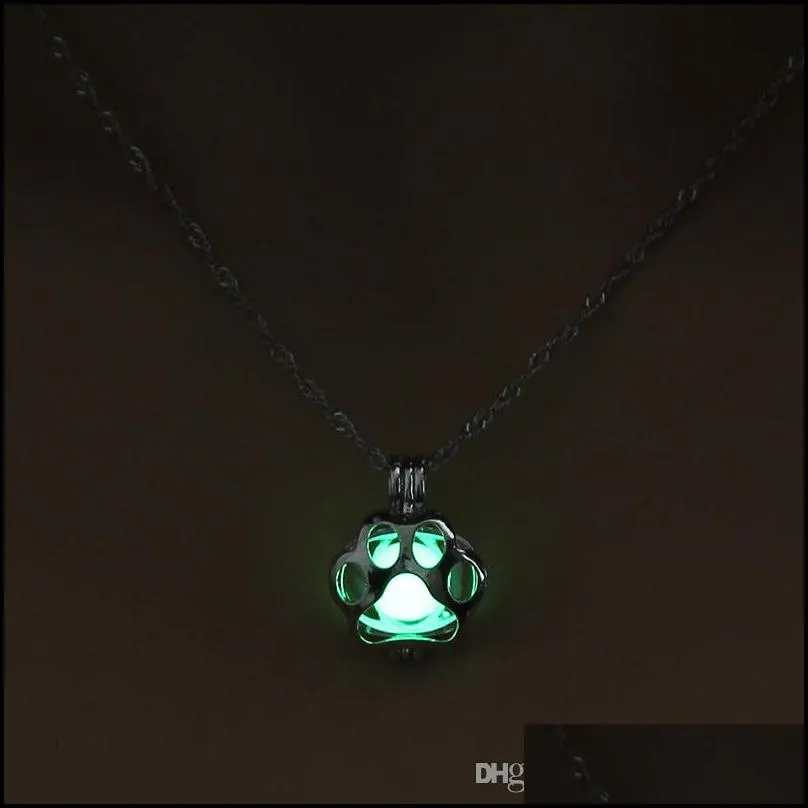 glow in the dark metal pet dog paw pendant necklaces for woman animal dogs hollow locket pendants night luminous light drop ship