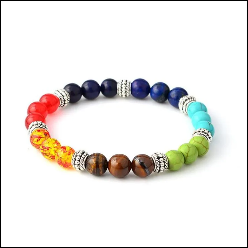 8mm beaded strands mens bracelets 7 chakra healing reiki prayer natural stone charm balance yoga bracelet hip hop jewelry drop ship