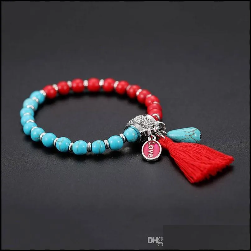 volcanic rock beaded strands bracelet tassel turquoise pendant natural stone healing gemstone round bracelets hip hop jewelry for