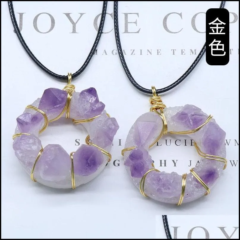 irregular wire wrapped natural stone amethyst necklace pendant 35mm donut pendant healing crystal collar necklaces for women fashion jewelry will and