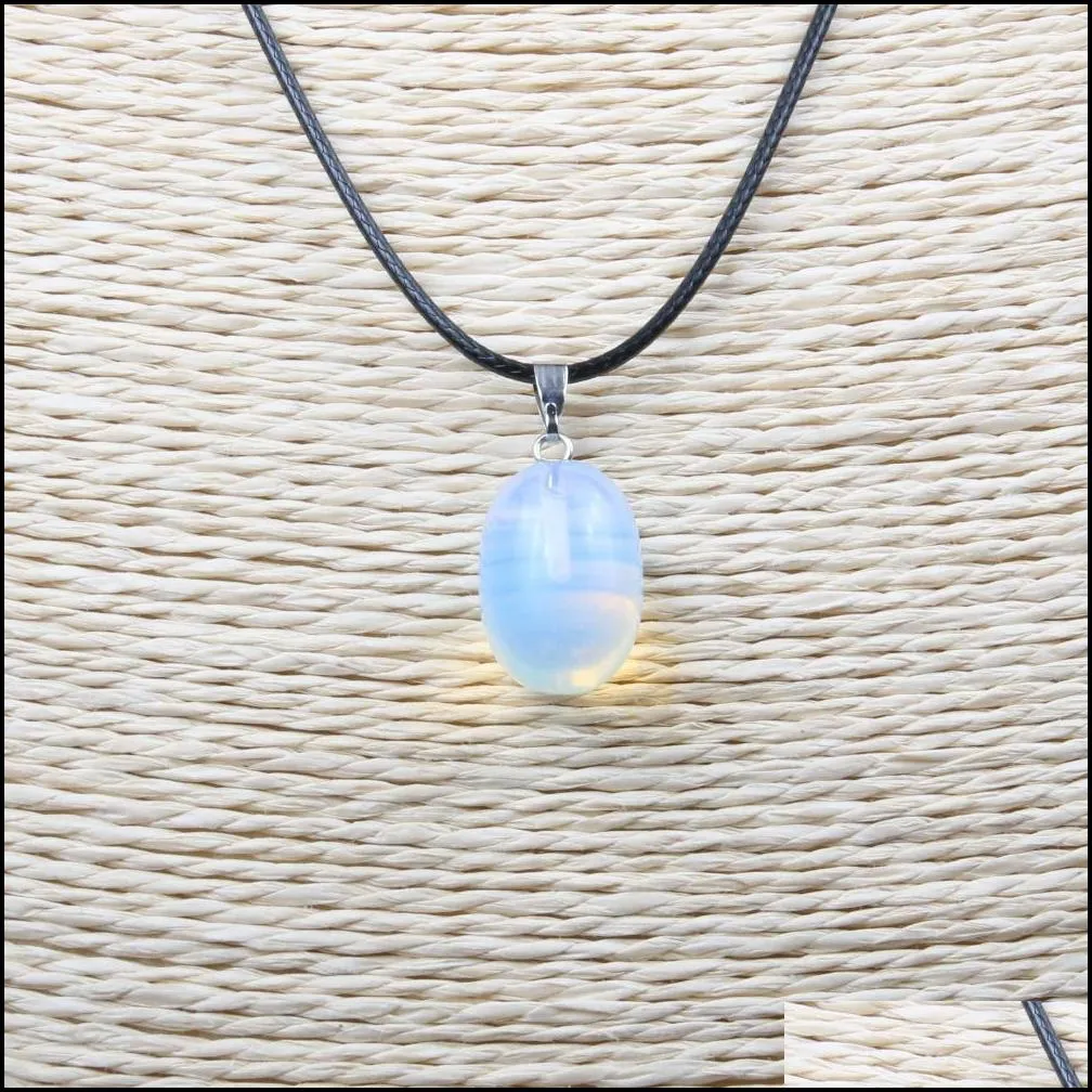 natural stone crystal quartz opal oval water drop pendant necklace leather chains for men women fashion jewelry