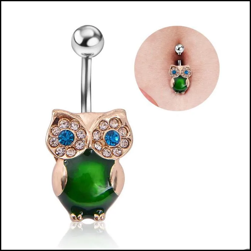 wasit belly dance green owl animal crystal body jewelry stainless steel rhinestone navel bell button piercing dangle rings for women