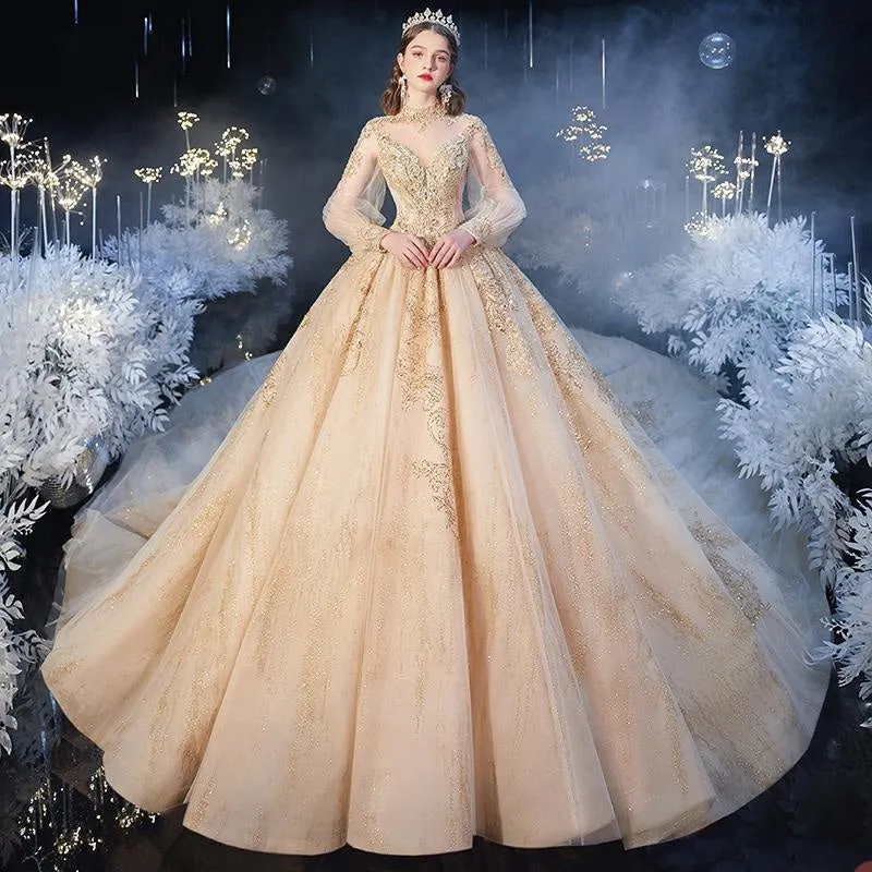 Luxurious Ball Gown Wedding Dresses High Neck Long Sleeves Backless Shining Beaded Applicant Tulle Stain Layered Chapel Gown Custom Made Vestidos De Novia