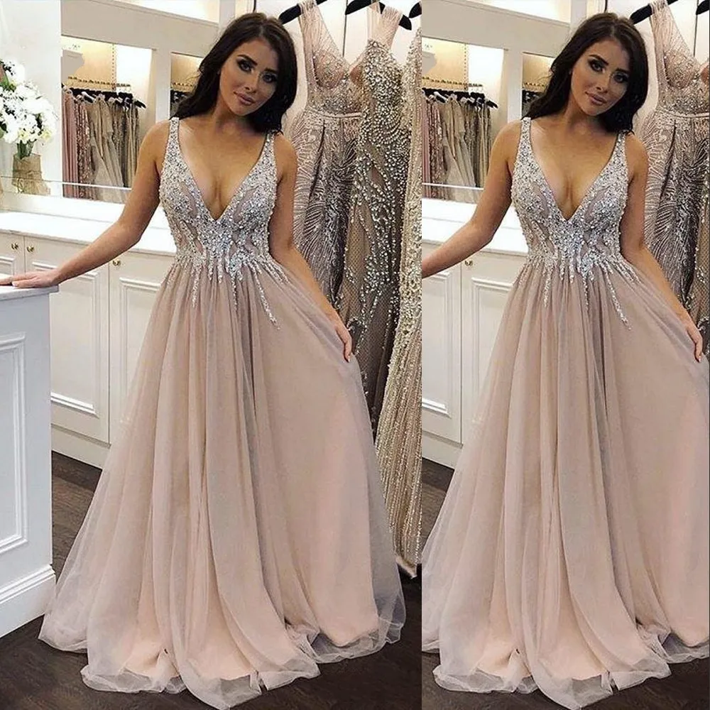 2023 Sexy Arabic Prom Dresses Evening Dress Wear Deep V Neck Silver Crystal Beads Champagne Tulle Sleeveless A Line Custom Plus Size Sleeveless
