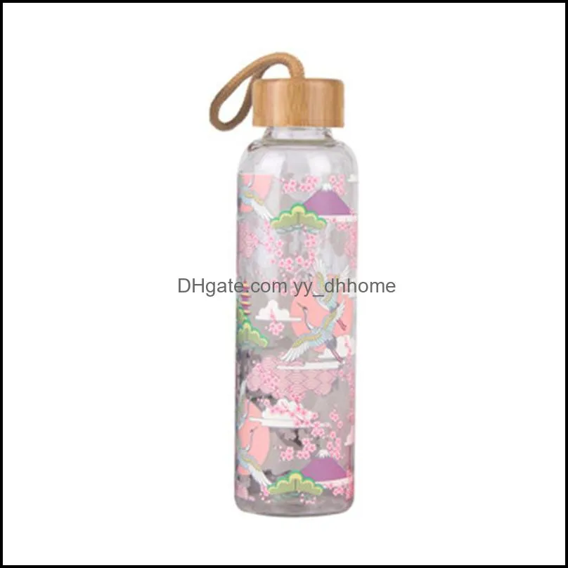 550ml glass water bottle portable water bottles with bamboo lid rope japanese style sport outdoor drinking cup