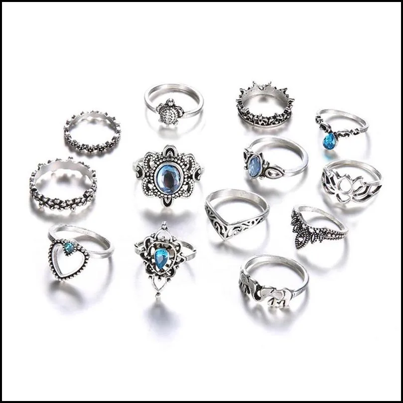 retro diamond carved crown rings starry gems combination knuckle ring set moon hip hop jewelry will and sandy drop ship