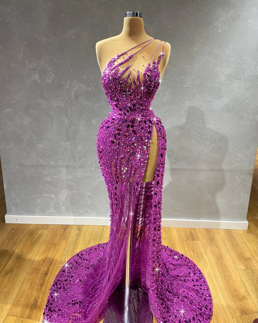 Luxurious Pearls Mermaid Evening Dresses One Shoulder Crystal Beads Prom Dress Sexy Illusion Split Formal Party Gowns Custom Made