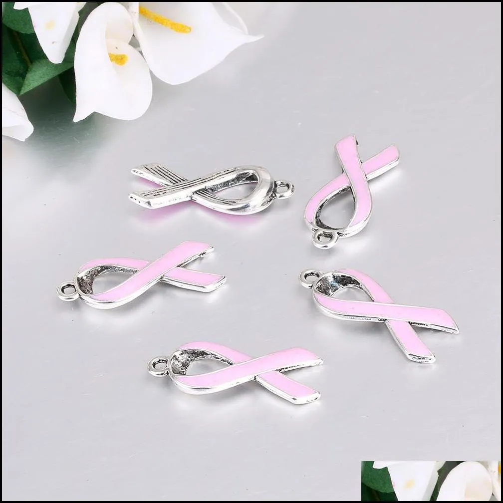 50 pcs/ lot european breast cancer awareness pink ribbon charm for bracelets necklace jewelry for women