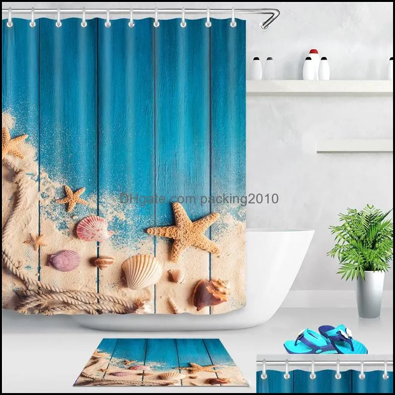 sea beach shower curtain starfish shell printed bath screen polyester waterproof shower curtains decor with hooks 1494 t2