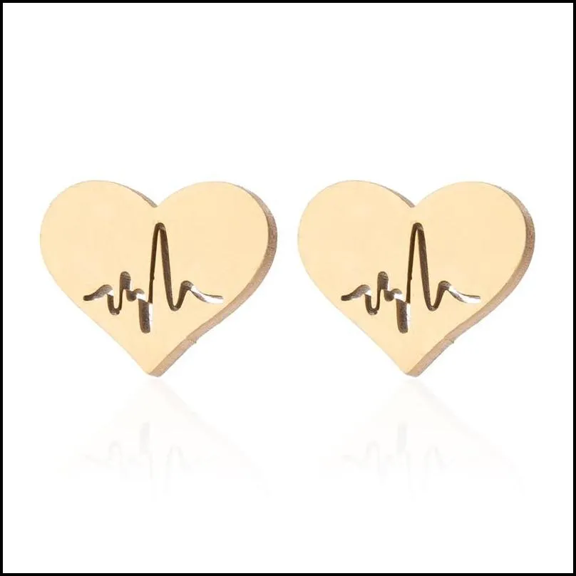 stainless steel love heart necklace women gold heartbeat stud earrings jewelry sets for girls wedding jewelry