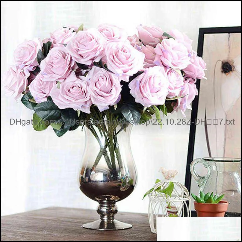 10 heads rose artificial flower big bouquet silk for wedding home party decoration fake fall 211101