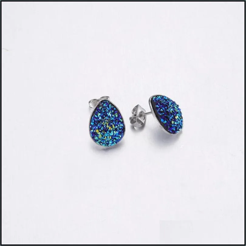 designer waterdrop resin druzy drusy stud earrings teardrop stainless steel handmade studs for women jewelry