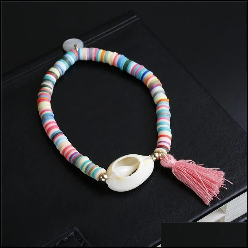 trendy white shell elastic bracelet bohemian colorful clear stone polymer clay beaded bracelets for women holiday seashell beach jewelry
