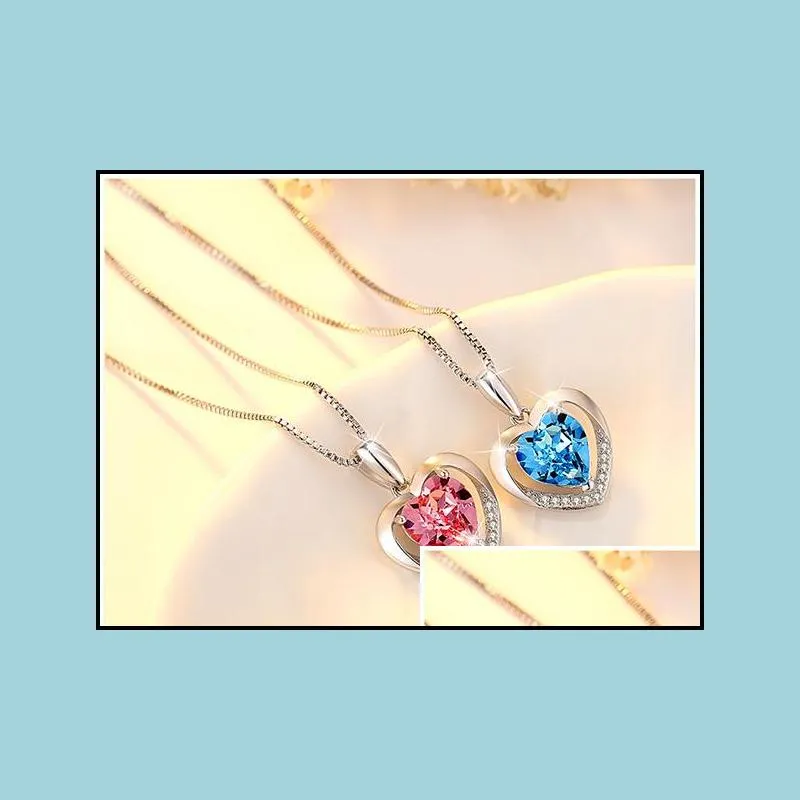 2 color sterling silver heart patern pendant necklace 925 silver chain with red blue cubic zirconia gem necklace2457