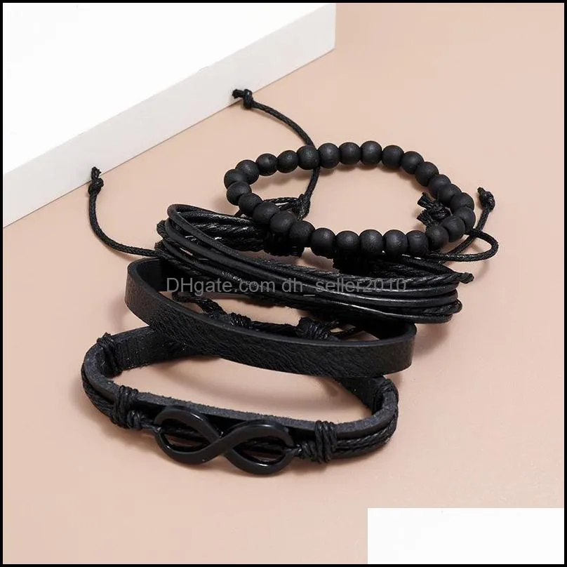 bangle black wood beads charm alloy handmade woven men genuine leather bracelets women adjustable vintage jewelry
