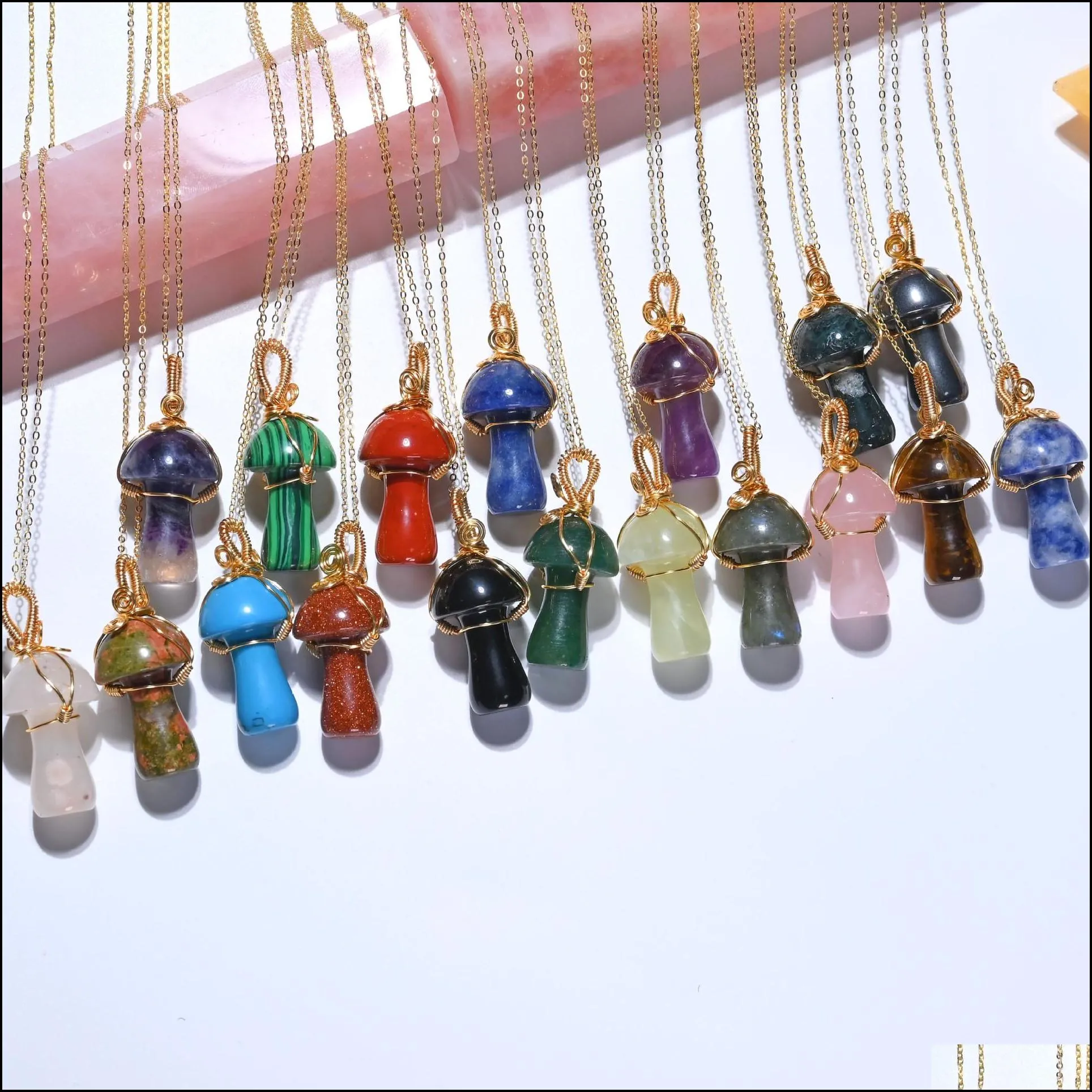 luxurious mushroom carved stone gemstones pendant charms wire wrap women healing crystals figurine pendant necklace jewelry