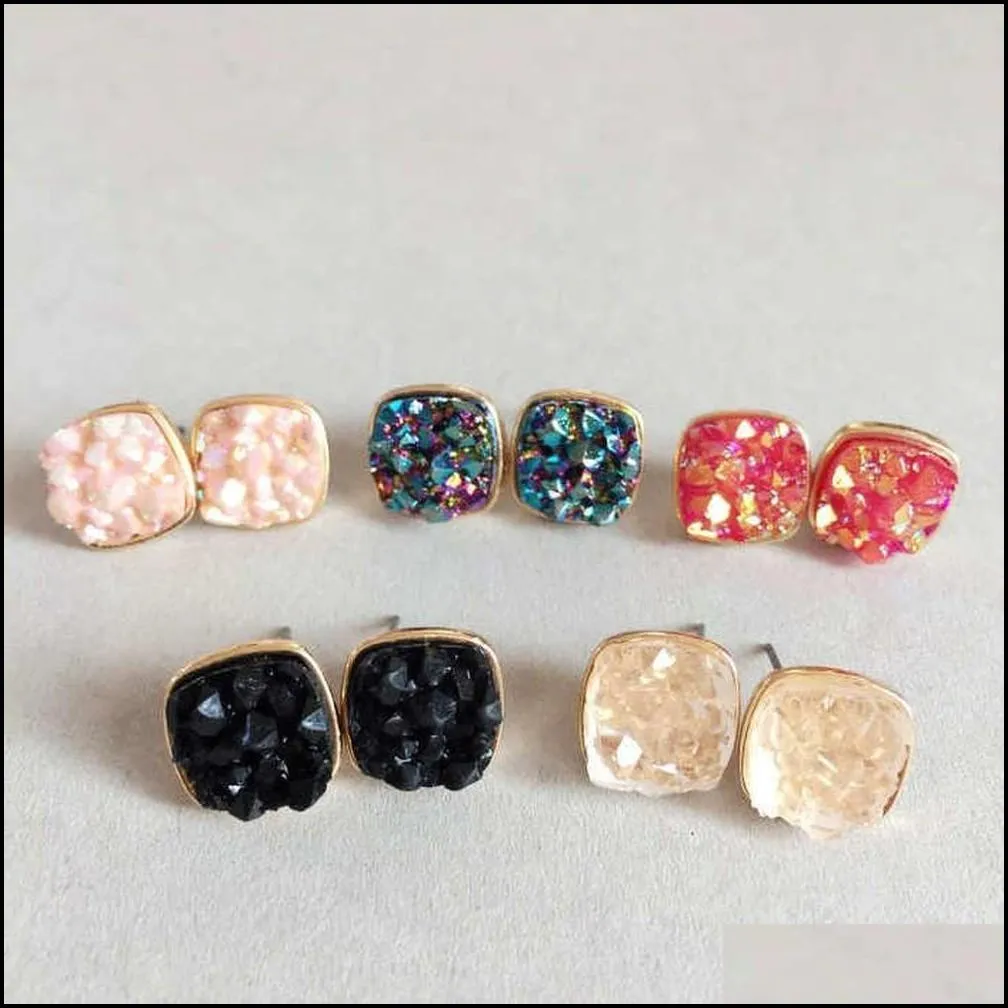 fashion gold silver round teardrop square druzy stud earrings mini geometric dot black quartze stone drusy earring jewelry