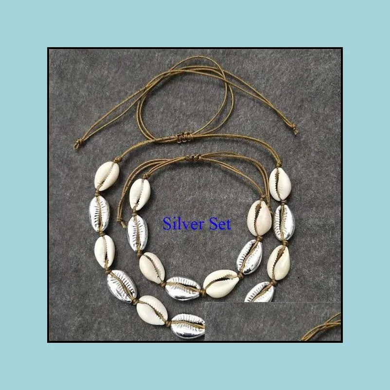 natural shell beads rope bracelet necklace set fashion jewelry for women handmade zinc alloy shell braid bracelets necklaces best
