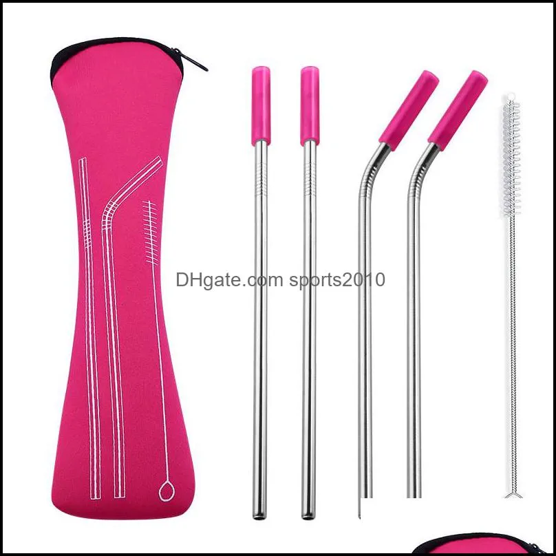 reusable stainless steel straw set straight bent straw cleaning brush 6pcs / set juice straw with travel neoprene storage bag