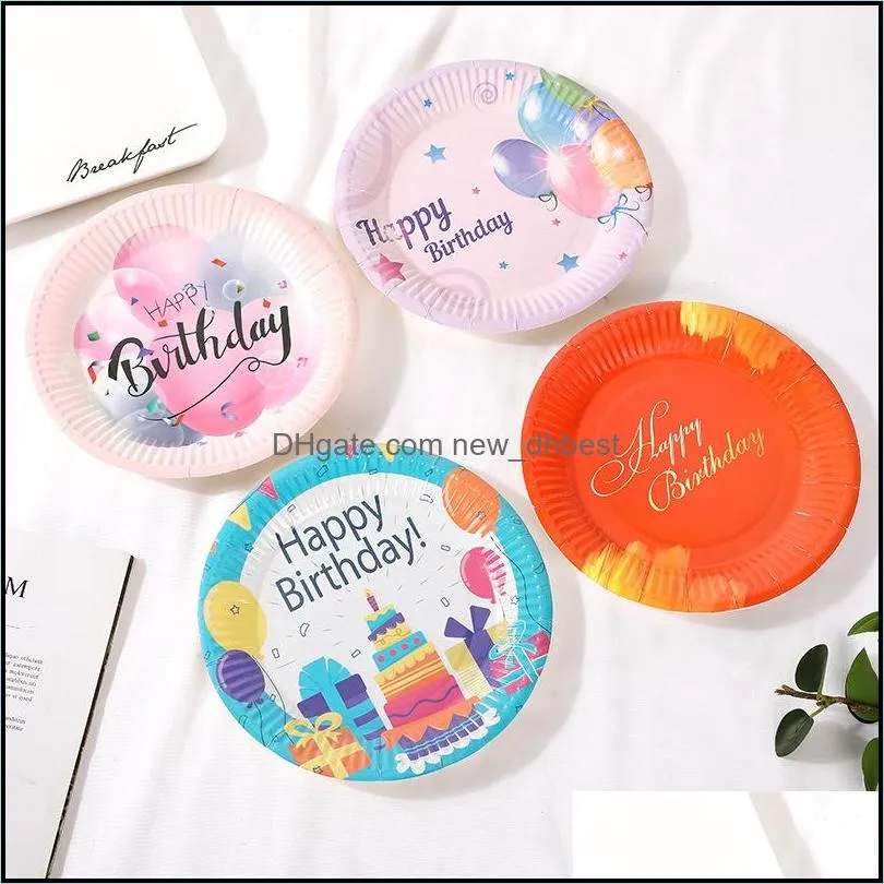 happy birthday disposable paper plate set 10pcs 7 inches party tableware cake fruit candy tray