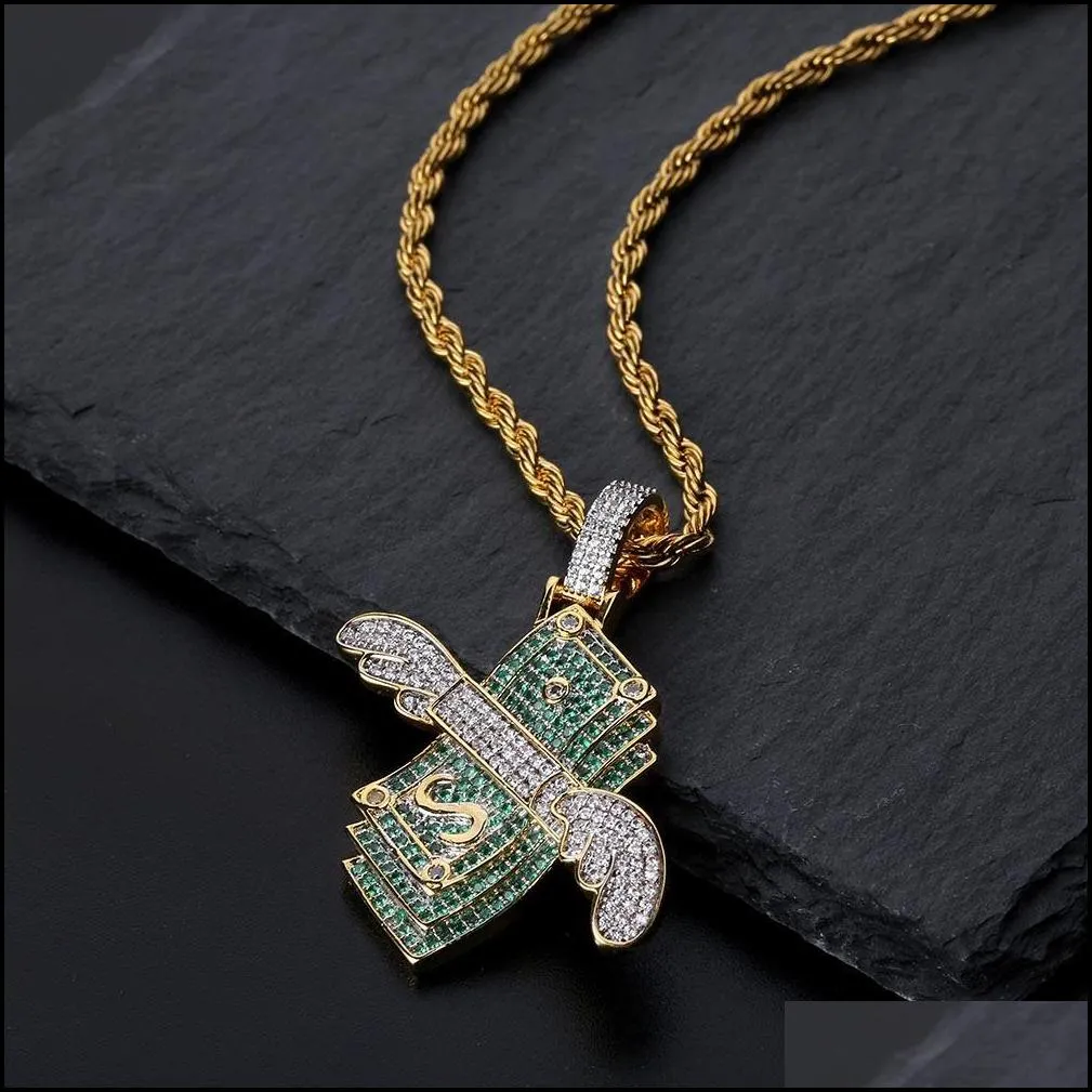 new iced out necklace flying cash solid pendant necklaces mens personalized hip hop gold silver color charm chains women jewelry g1934