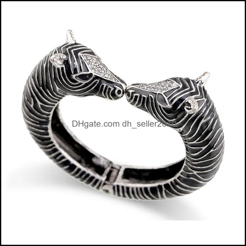 bangle unique design statement chunky big size vintage bracelet zebra antique silver plated with enamel for womenbangle