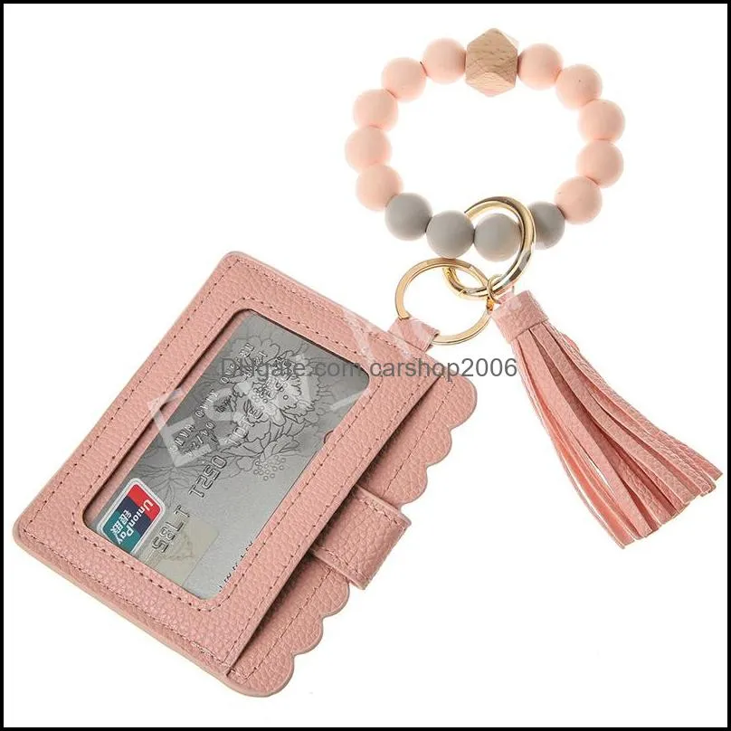 silicone beads pu leather bracelet wallet keychain party favor tassels bangle key ring holder card bag