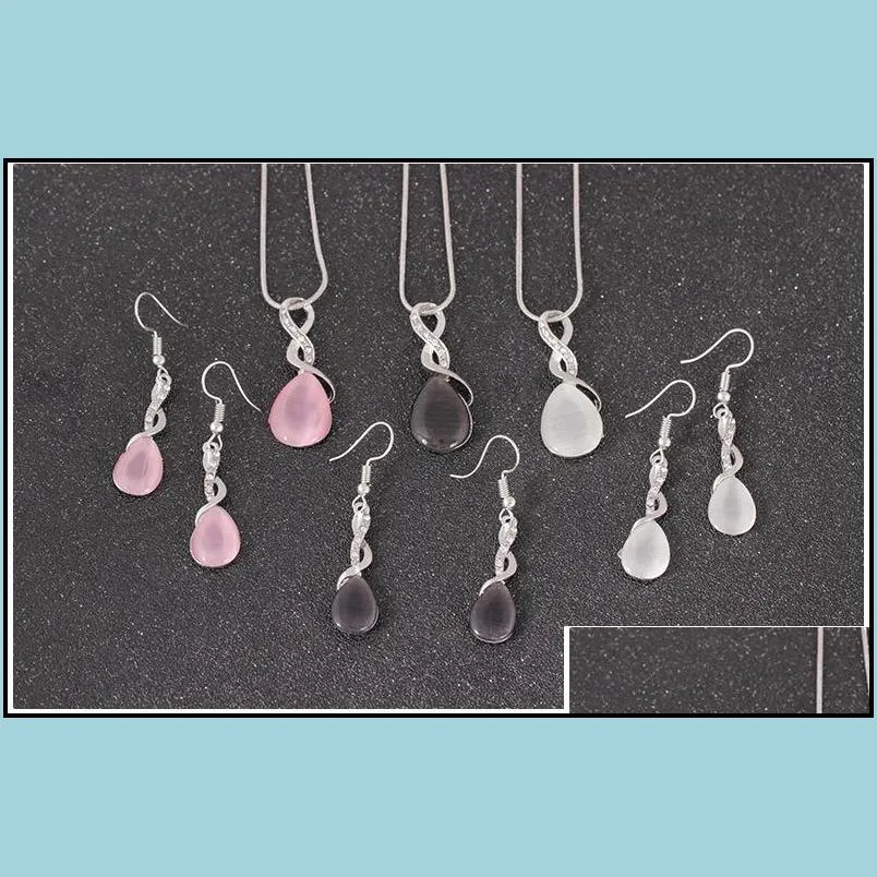 new design pink opal necklace earrings and ring jewelry set natural gem stone water drop necklace earring set jewelry for women