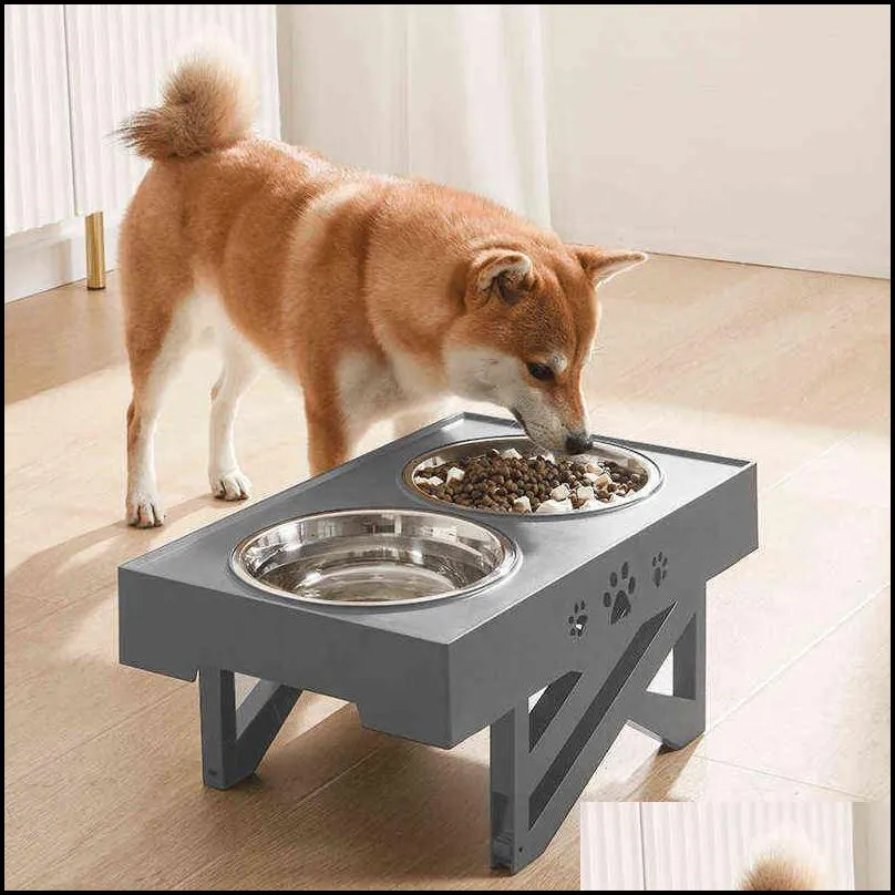 dogs double nonslip bowl adjustable heights pet cat food feeding dish s small medium big water feeder removable 211103