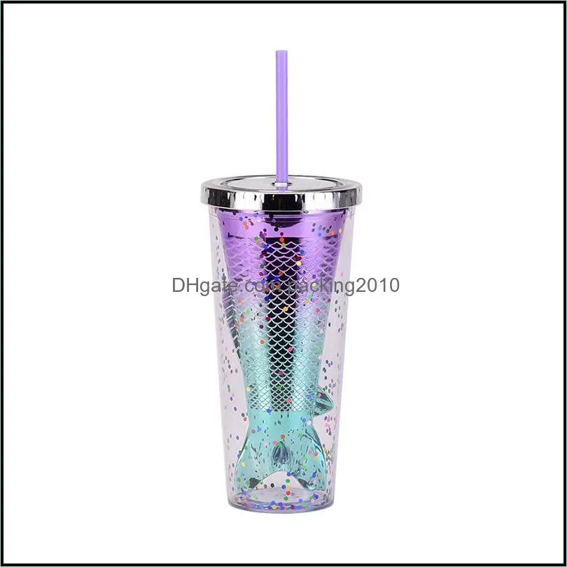 350ml as doublelayer plastic tumbler gradient color mermaid tail electroplated sequined water cups with straws