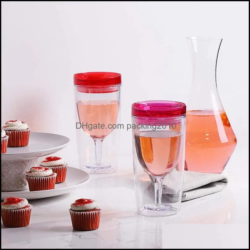 10 oz clear plastic wine cup double layer insulated tumbler juice wine cups with lids