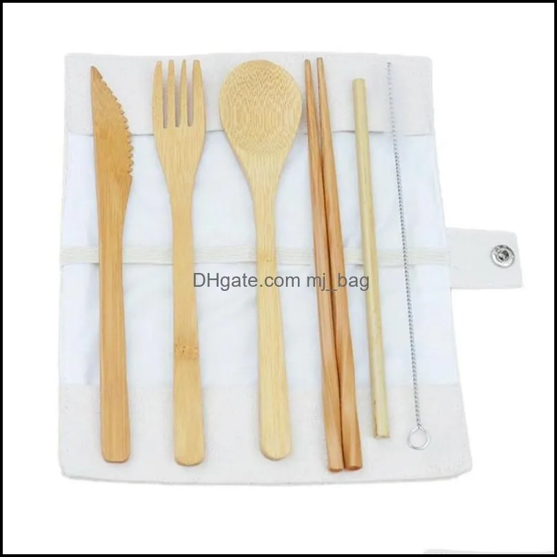 portable wooden cutlery set travel bamboo flatware set knife chopsticks fork spoon dinnerware sets camping utensils 7pcs/set