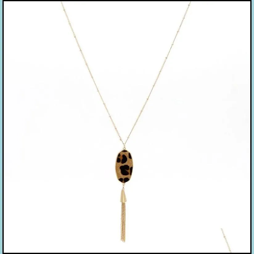 designer oval hexagon pendant tassel necklaces straw leopard print braided sweater long chian necklace  jewelry