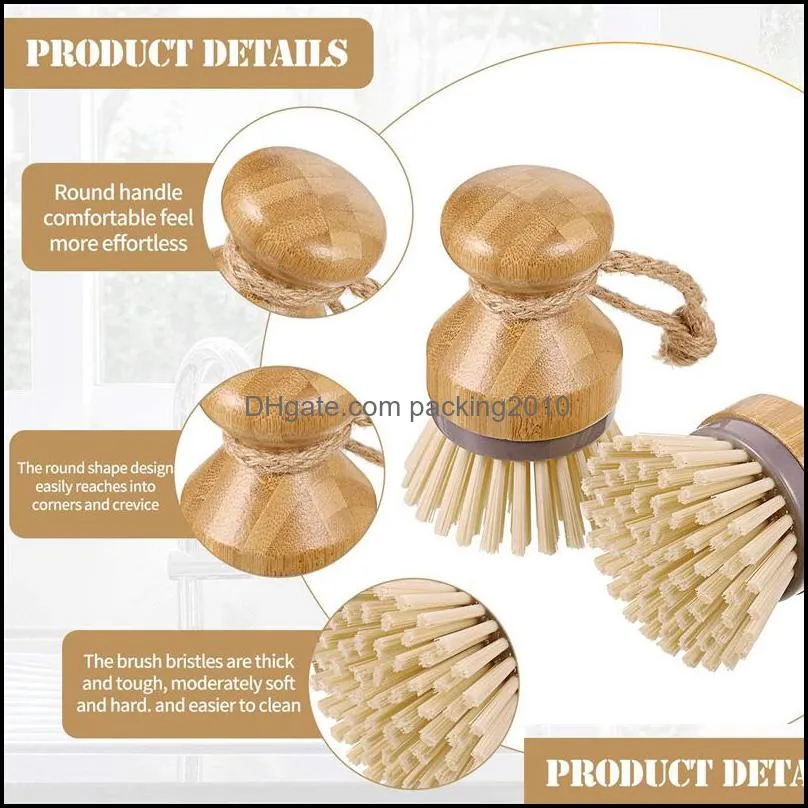 bamboo wood round mini palm scrub brush stiff bristles wet cleaning wash dishes pots pans vegetables brushes