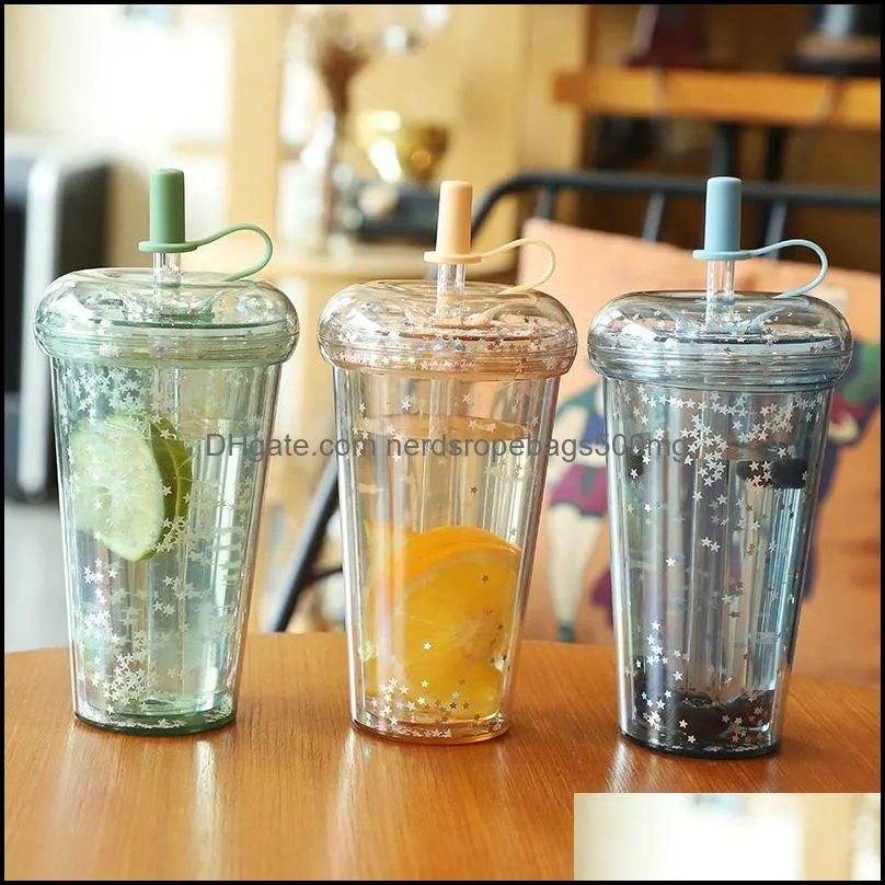 520ml tumbler with straws double layer leakproof milk coffee glitter water bottles