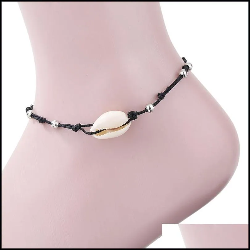 new seashell beads stripe woven anklet beach jewelry handmade simple black rope draw beads braided anklets bracelets for women