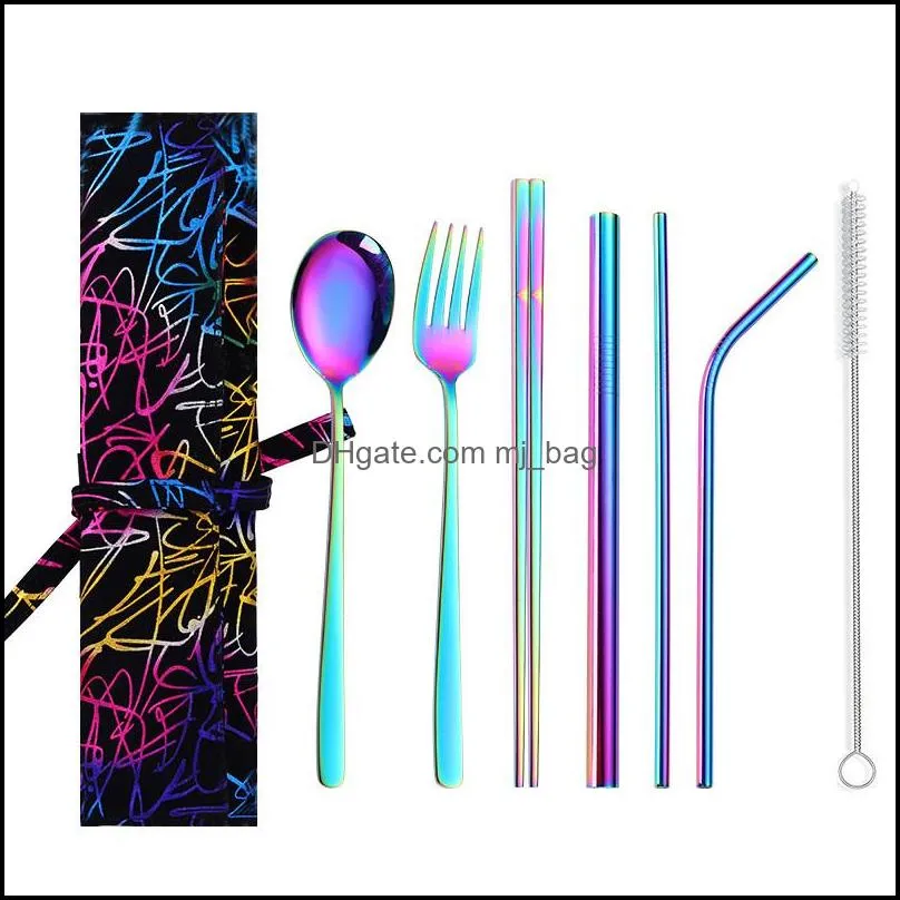 stainless steel straw chopsticks spoons knife set colorful milk tea straws with cleaning brush set metal cutlery sets
