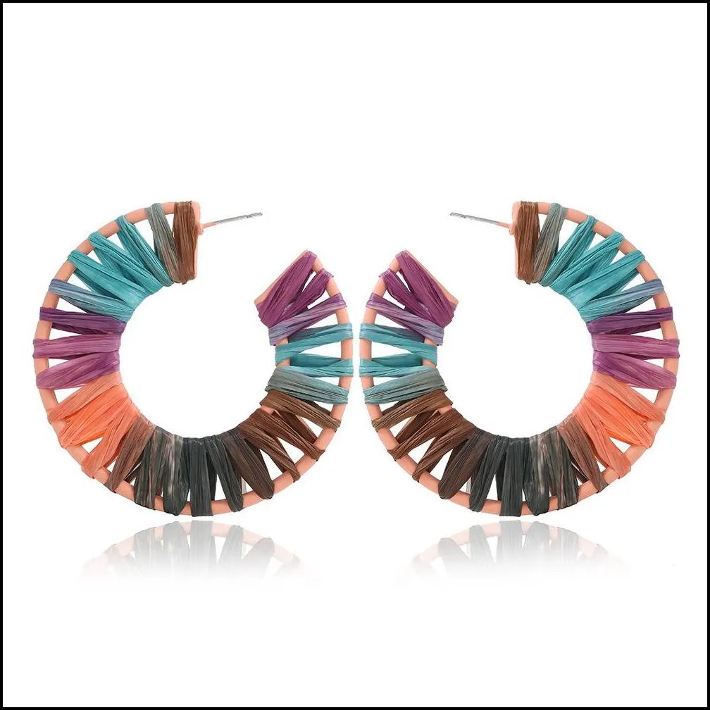 handmade rainbow colorful raffia earring big oval geometry straw knit earrings for lady women 2020 newest ethnic lucky jewelry