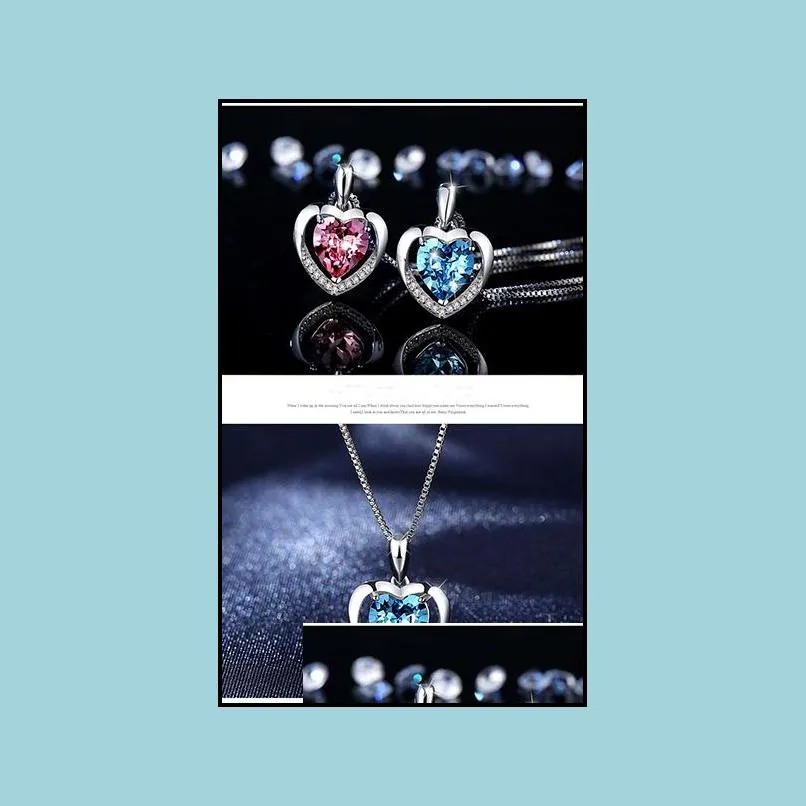 2 color sterling silver heart patern pendant necklace 925 silver chain with red blue cubic zirconia gem necklace2457