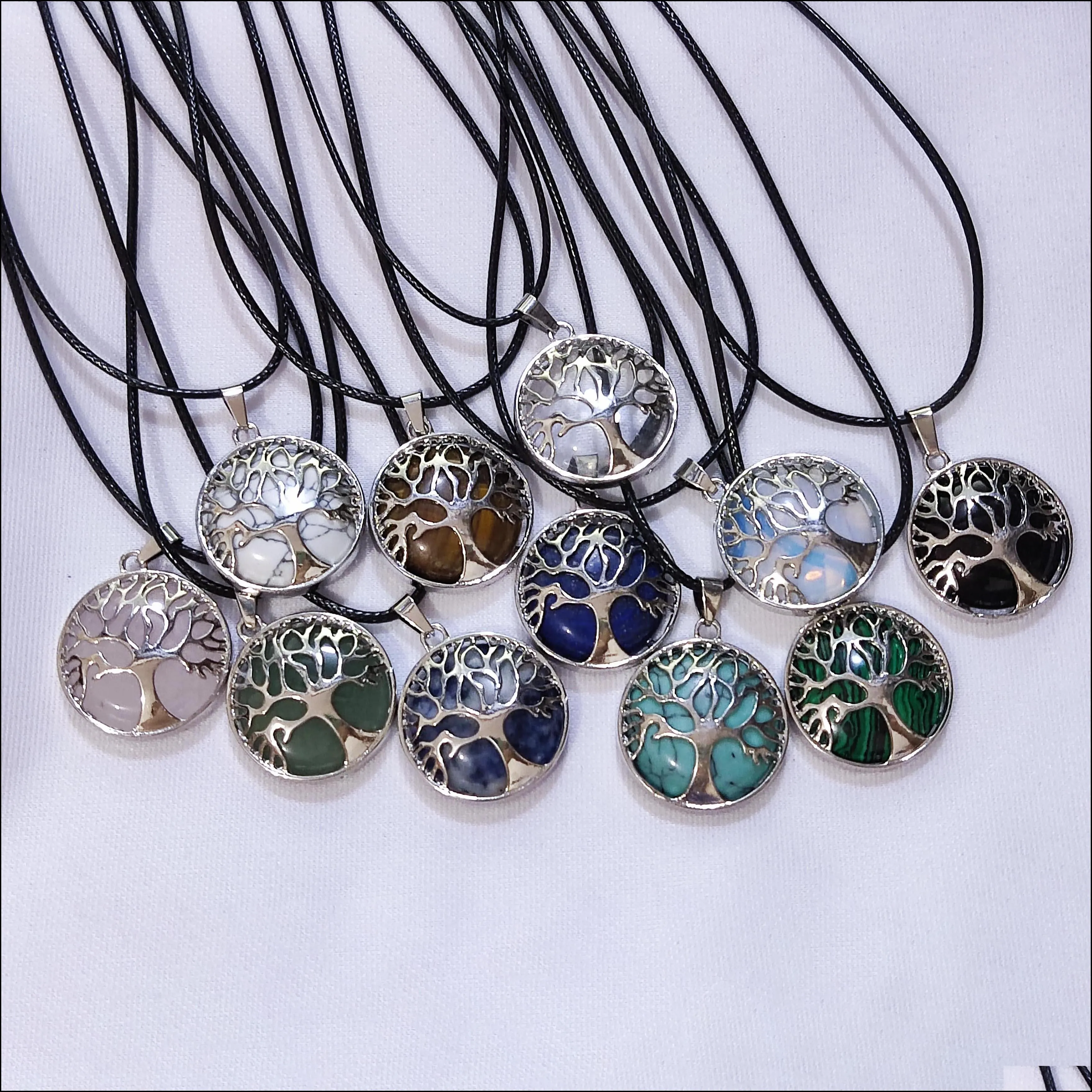 natural stone necklace hollow tree of life stripe agates tigers eye healing rose quartz crystal charms necklaces jewelry women